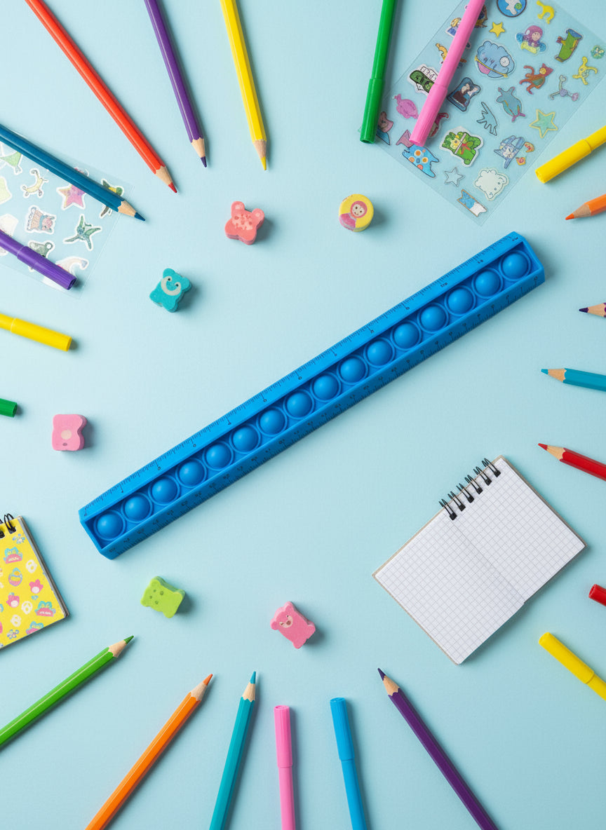 Blue fidget toy surrounded by colorful stationery items on a light blue background