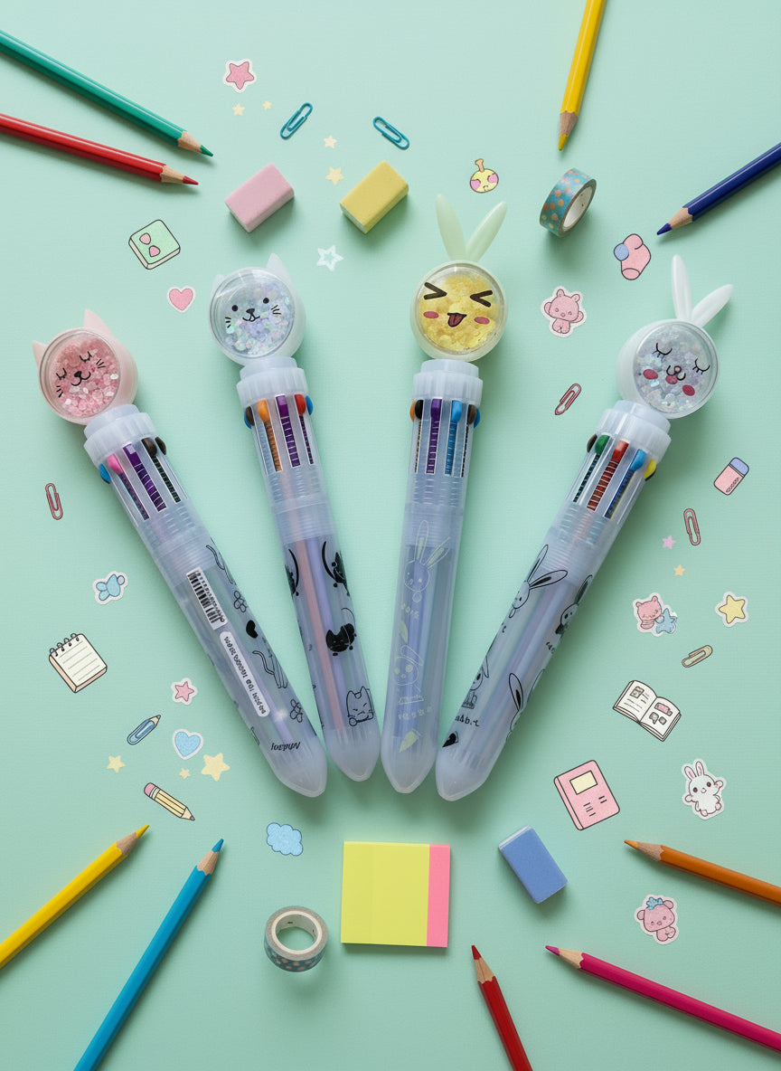 Four cartoon-themed pens with colorful accents on a light green background with stationery items.